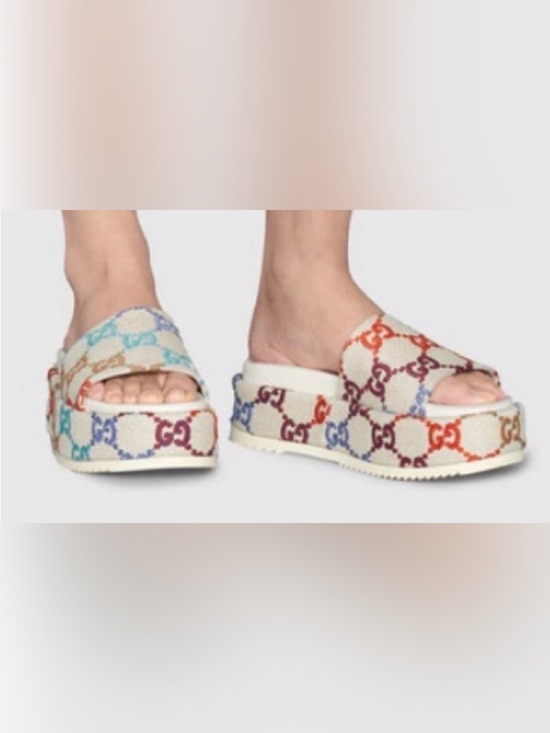 Gucci Shoes - Gucci Cream Multicolor GG Canvas Platform Slide Mules